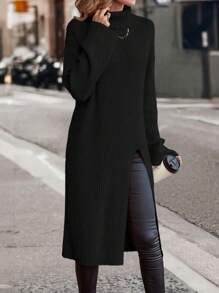 SHEIN Essnce Turtleneck Split Hem Sweater Without Belt - Black - View 4