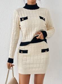 SHEIN Privé 女款對比色半高領毛衣和毛衣裙套裝 - 彩色 - 查看 5