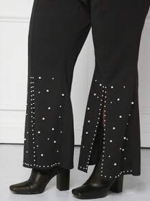 SHEIN CURVE+ Plus Pearls Beaded Split Hem Flare Leg Pants - Black - View 3