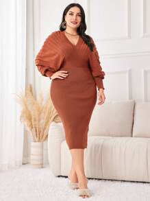 Modelyn Talla grande Vestido de punto ajustado unicolor de manga murciélago tejido de canalé - Óxido marrón - Ver 5