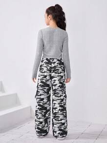 SHEIN 少女純色 T 恤和迷彩印花闊腿褲 - 灰色 - 查看 2