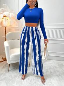 Zolique 素色短款T恤和筆刷圖案闊腿褲 - 藍色 - 查看 5