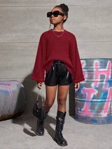 SHEIN Tween Girls Drop Shoulder Fuzzy Cuff Sweater - Burgundy - View 4