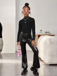 SHEIN Leap Crew Tween Girl Áo thun dài tay màu trơn có cổ đứng - màu đen - Xem 4