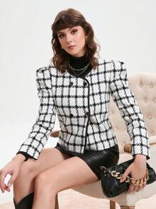 GENKIRA Plaid Pattern Double Breasted Tweed Overcoat Fall Cloth For Women - Black and White - View 6
