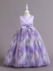 SHEIN Glamorique Kids Tween Girl Feather Print Bow Front Mesh Overlay Gown Dress - Purple - View 1