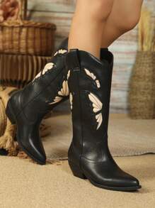 Styleloop Butterfly Stereo Patchwork Black Western Boots For Spring & Autumn 2024 Latest Fashionable PU Leather Boots, Cowboy Boots For Women