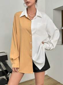 SHEIN Essnce Two Tone Drop Shoulder Pocket Patched Shirt - Multicolor - View 3