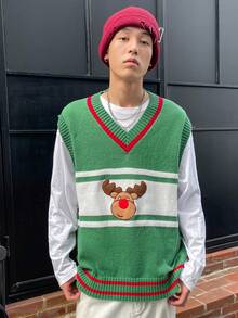 Manfinity Hypemode 男士1入組卡通刺繡條紋飾邊V領毛衣背心不帶T恤 - 綠色 - 查看 4