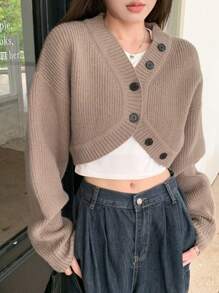 DAZY Drop Shoulder Crop Cardigan - Brown - View 1