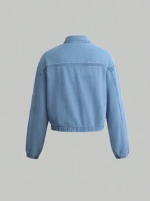 Teen Girl Drop Shoulder Elastic Hem Denim Jacket - Medium Wash - View 2