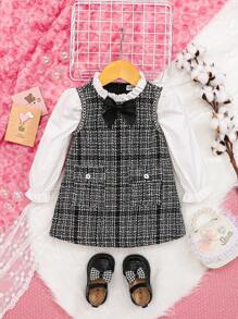 SHEIN 女嬰格紋印花前蝴蝶結喇叭袖假兩件洋裝 - 黑與白 - 查看 1