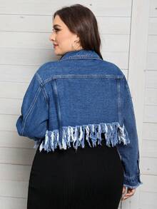 SHEIN LUNE Plus Fringe Trim Flap Pocket Denim Jacket - Medium Wash - View 2