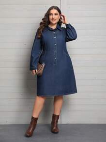SHEIN Privé Plus Button Front Denim Dress - Dark Wash - View 1