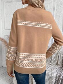 SHEIN LUNE Women's Casual Comfortable Warm Pullover Sweater With Round Neck, Color Block Bull Pattern, Autumn And Winter,Long Sleeve Tops - Khaki - View 2