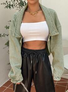 DAZY Drop Shoulder Asymmetrical Hem Denim Jacket,Fall Clothes - Army Green - View 6