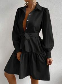SHEIN Privé 燈籠袖荷葉邊腰帶襯衫洋裝 - 黑色 - 查看 4