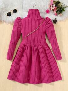 女大童高領羊腿袖羅紋針織洋裝和包 - 玫紅色 - 查看 2