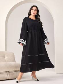 Al Najma Hơn In hoa tay áo lá sen Đầm - màu đen - Xem 4