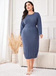 Mulvari Plus Solid Cable Knit Sweater Dress - Blue - View 1