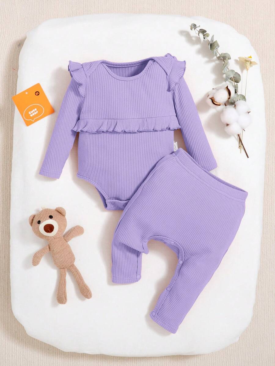 SHEIN Baby Girl Ruffle Trim Ribbed Knit Bodysuit & Pants - Purple - View 1