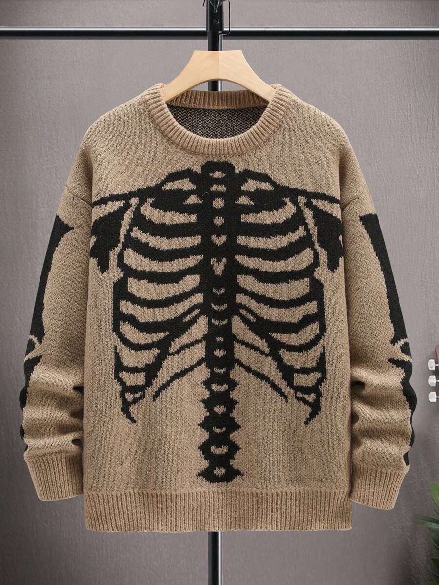 Manfinity EMRG Men's Casual Color Block Skull Pattern Sweater, Autumn/Winter Halloween Halloween  Halloween Sweater - Coffee Brown - View 1
