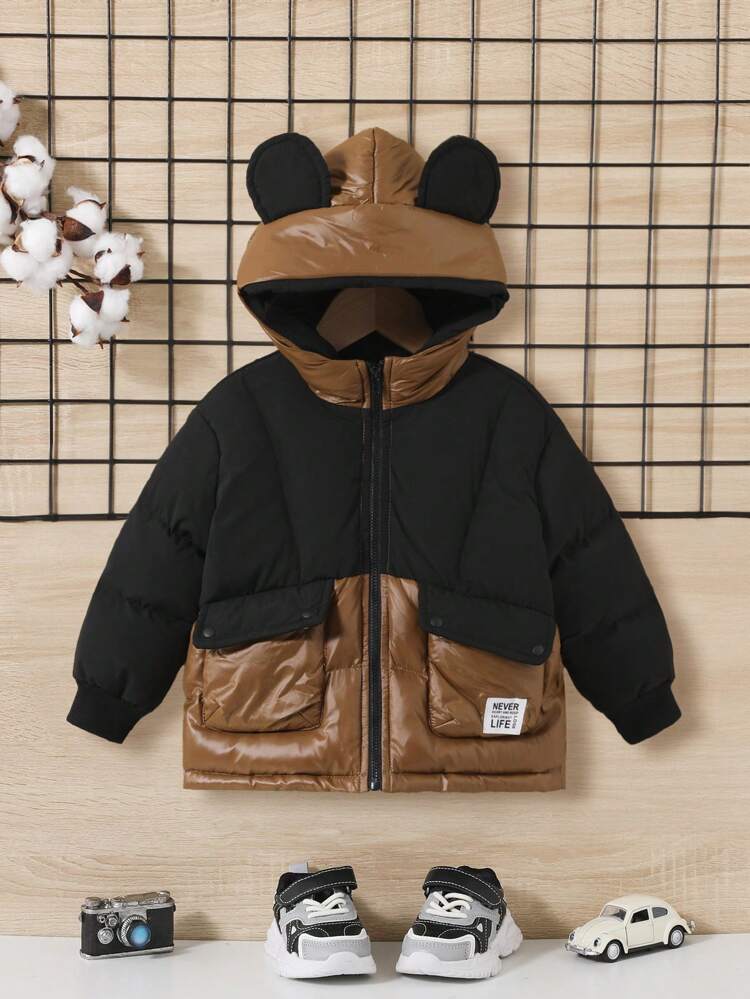 Baby Boy Two Tone Letter Patched Flap Pocket Hooded Padded Coat Without Sweater