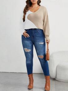Celure Plus Two Tone Drop Shoulder Sweater - White - View 4