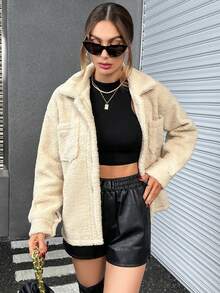 SHEIN Essnce Dual Pocket Drop Shoulder Teddy Coat - Apricot - View 5