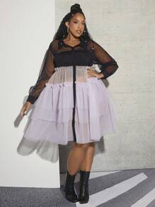 SHEIN CURVE+ Plus Colorblock Mesh Overlay Shirt Dress Without Cami Top - Multicolor - View 1
