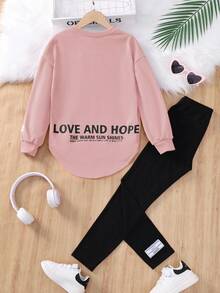 SHEIN 女大童標語圖案落肩袖弧形下擺套頭衫&緊身打底褲 - 淺粉色 - 查看 3