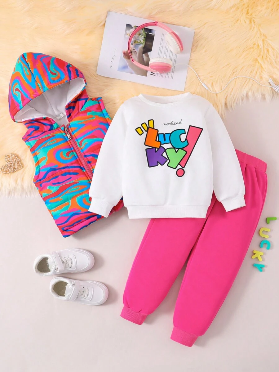 SHEIN 女小童字母圖案連帽衫和運動褲&字母圖案連帽衫 - 彩色 - 查看 1