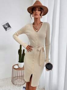 SHEIN Privé Ribbed Knit Button Front Belted Bodycon Sweater Dress - Apricot - View 3