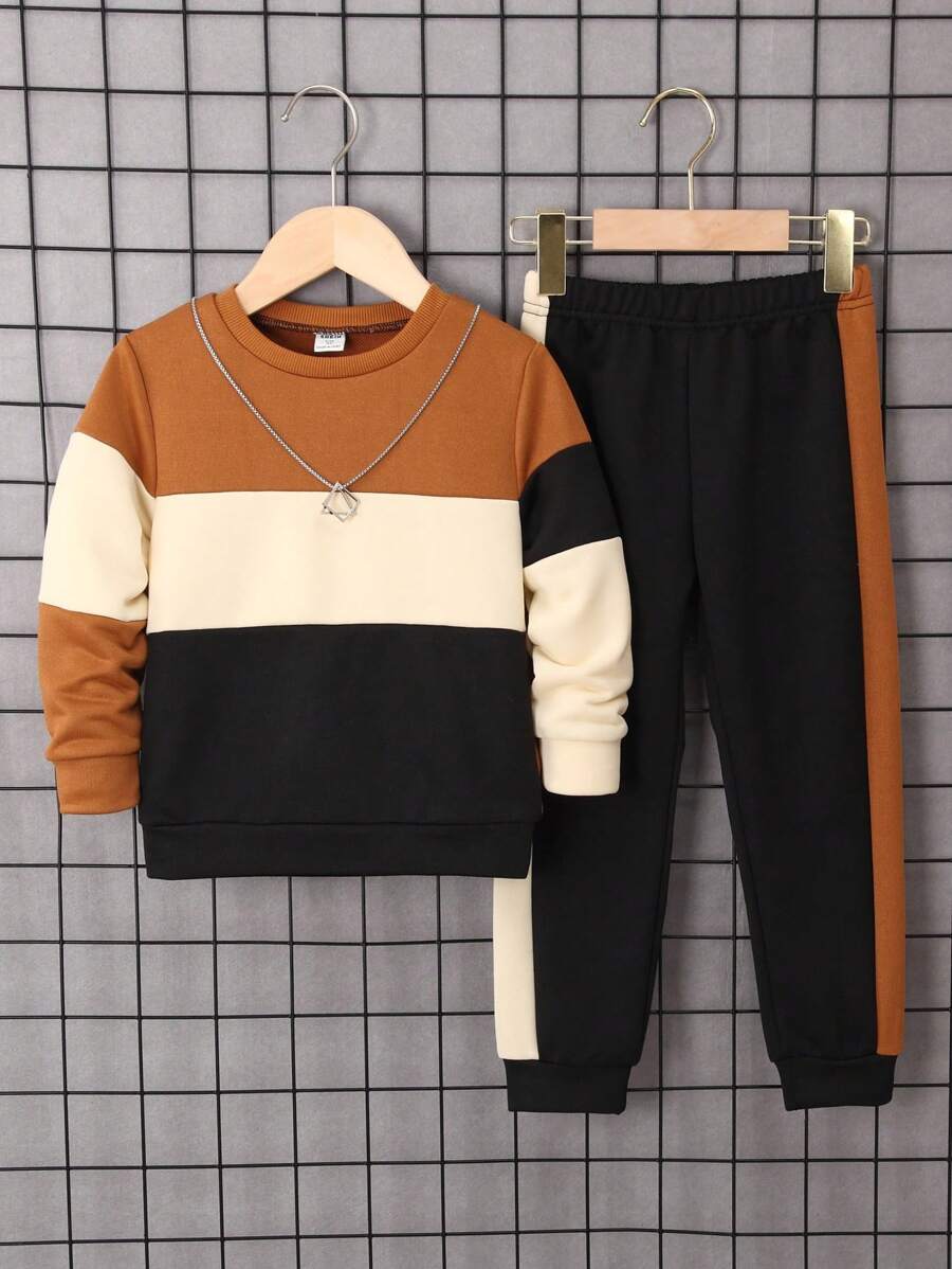 SHEIN Young Boys' Fashionable Color Block Sweatshirt And Sweatpants Casual Set - Multicolor - View 1