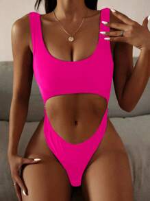 Swim SXY Summer Beach Cut Out Ring Linked One Piece Swimsuit - Hot Pink - View 6