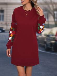 SHEIN LUNE Floral Print Drop Shoulder Sweatshirt Dress - Burgundy - View 4
