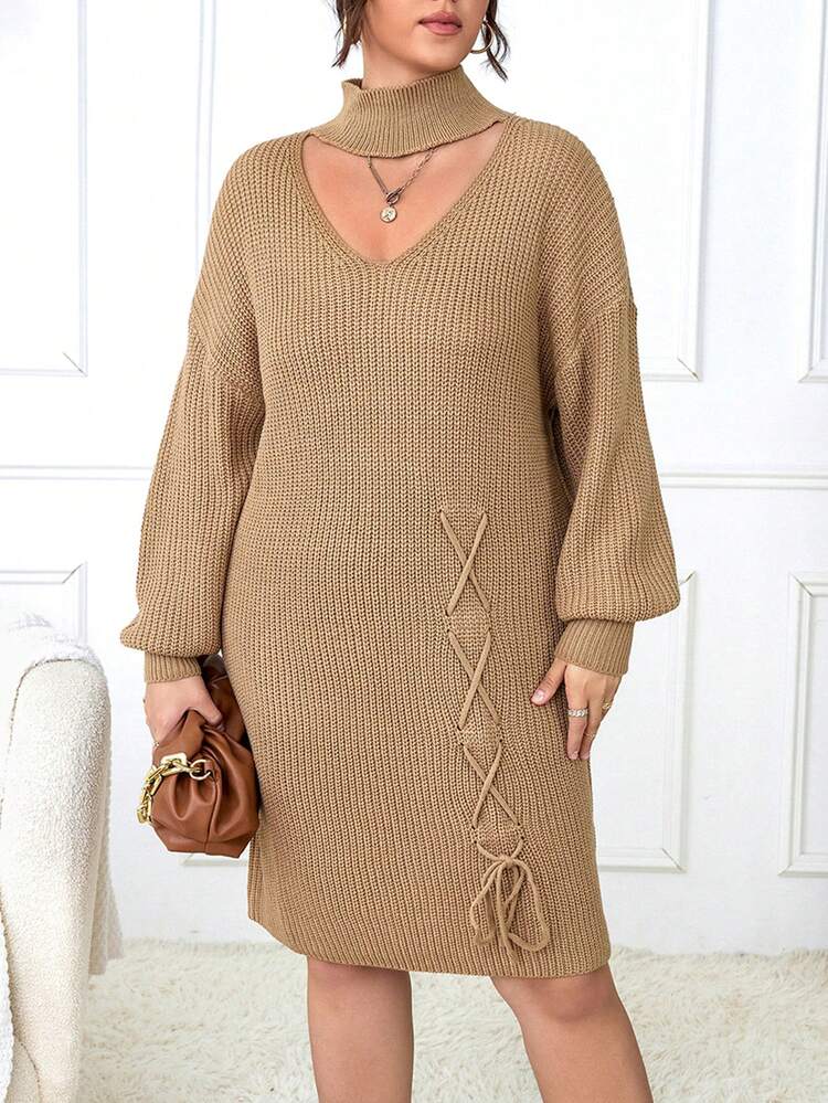 Plus Lace Up Front Drop Shoulder Cut Out Sweater Dress