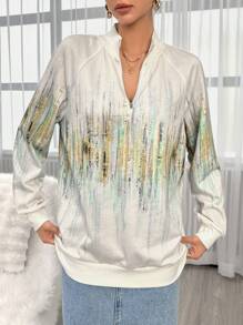 SHEIN Essnce Graphic Print Raglan Sleeve Zip Up Sweatshirt - White - View 5