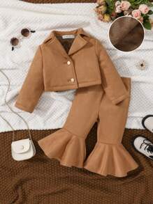 SHEIN 女孩嬰兒西裝領夾克&喇叭褲 - 棕色 - 查看 1