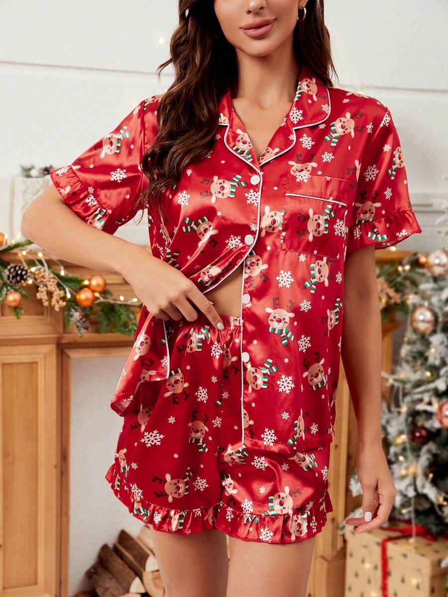 SHEIN 聖誕雪花圖案拼接滾邊緞面睡衣套裝 - 酒紅色 - 查看 1