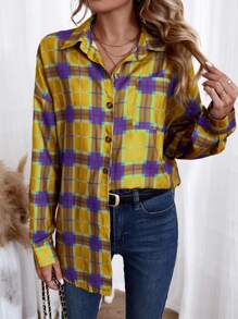 SHEIN LUNE Plaid Print Drop Shoulder Shirt - Yellow - View 1