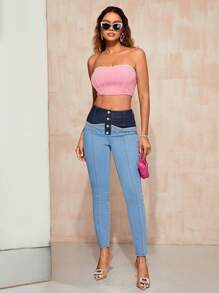 SHEIN Privé Jeans ajustados de dos tonos con botón - Lavado ligero - Ver 5