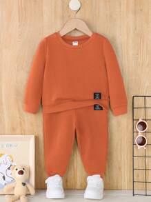 SHEIN Bộ đồ thiết kế miếng vá thoải mái giản dị cho bé trai, vải nỉ, dày - trái cam - Xem 1