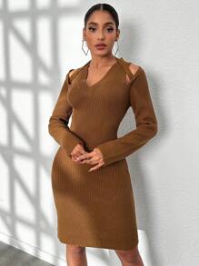 Chiquease Vestido de punto con abertura tejido de canalé - Camel - Ver 1