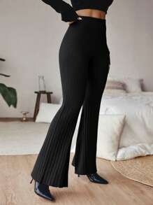 SHEIN LUNE Solid Flare Leg Knit Pants In Fall/Winter - Black - View 3