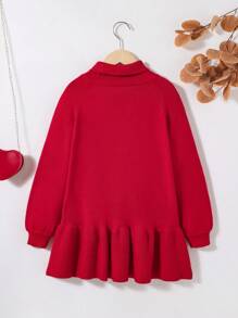 SHEIN Tween Girl Turtleneck Graphic Pattern Ruffle Hem Sweater Dress - Red - View 2