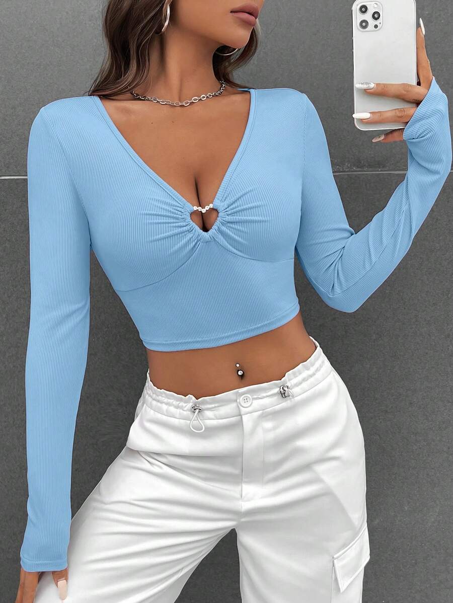 SHEIN EZwear 心环相连褶邊短款T恤