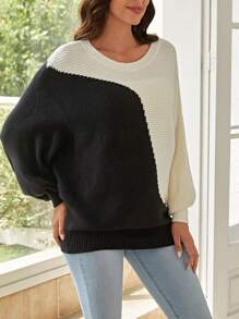 EMERY ROSE 雙色蝙蝠袖套頭毛衣 - 黑與白 - 查看 5