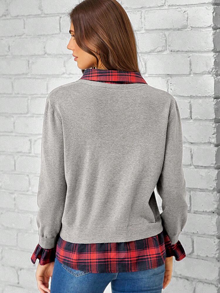 Plaid Panel Flounce Sleeve 2 In 1 Cardigan