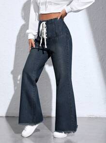 SHEIN EZwear 前繫帶牛仔喇叭褲 - 深色水洗藍 - 查看 5